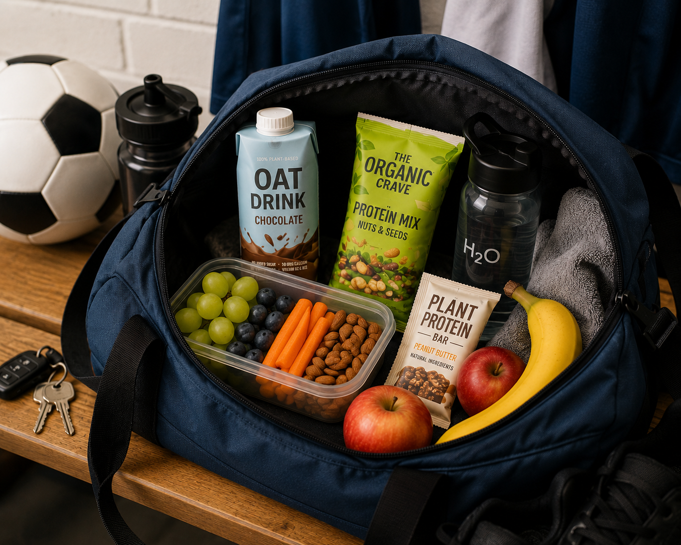 Sporttas met een plantaardige snack en drinkfles
